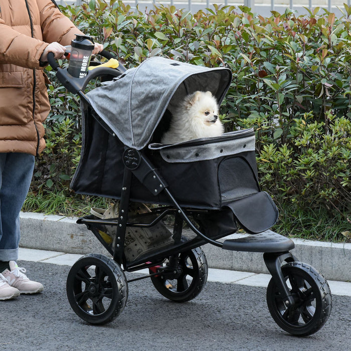 3-Wheel Folding Pet Stroller for Dogs - Adjustable Canopy, Mesh Window, Storage & Brake Features in Grey - Ideal Dog Jogger and Travel Carrier for Pet Lovers