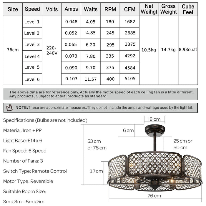 Crystal Caged Ceiling Fan Light Model 6GS3B - Coffee Tone with 6 Gear Speeds and 3 Blades - Perfect for Indoor Home Cooling and Ambient Lighting Solution