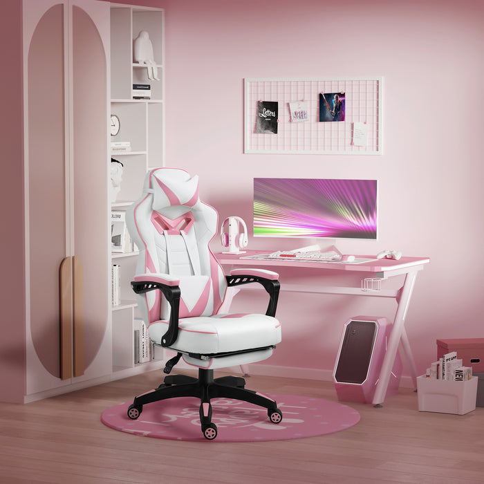 Ergonomic Racing Gamer Chair with Adjustable Features - Rolling Office Desk Chair with Headrest, Lumbar Support & Retractable Footrest in Pink - Ideal for Comfortable Gaming & Productive Work Environments