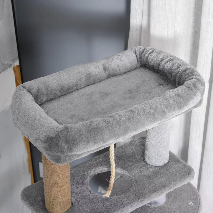 Luxury 120cm Jute Cat Tree - Scratching Post, Hammock, Perch, Hanging Ball, Teasing Rope, Condo Playhouse - Ideal for Cat's Play and Rest, Light Grey