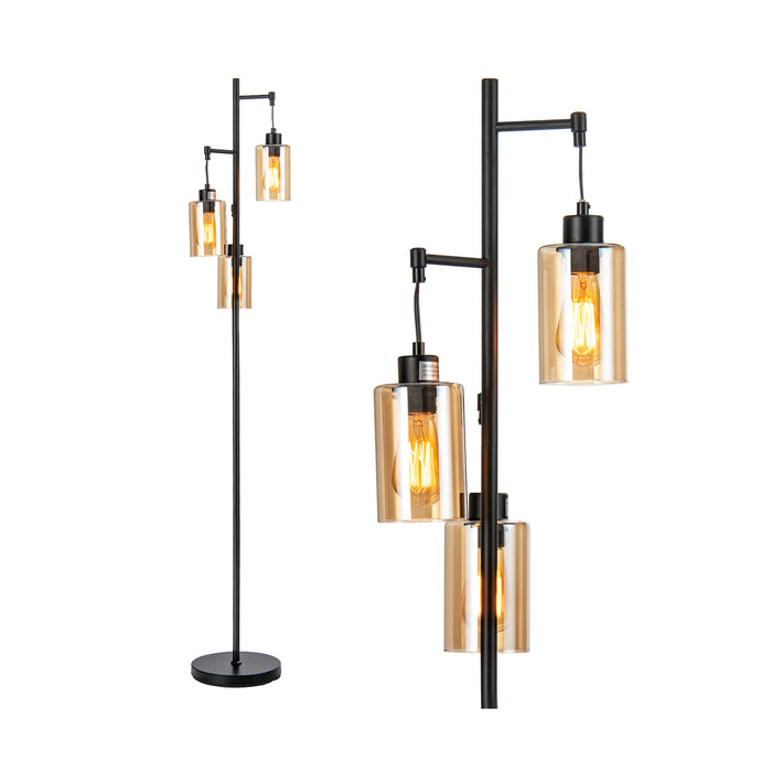 Floor Lamp with Tri-Head Feature - Freestanding Fixture with Hanging Amber Glass Shades - Ideal for Creating Warm, Inviting Atmosphere in Living Spaces