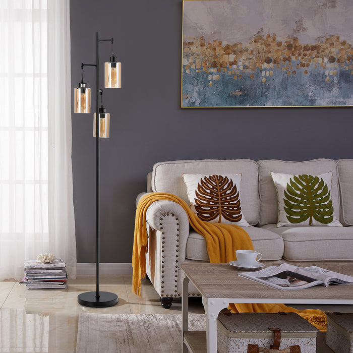 Floor Lamp with Tri-Head Feature - Freestanding Fixture with Hanging Amber Glass Shades - Ideal for Creating Warm, Inviting Atmosphere in Living Spaces