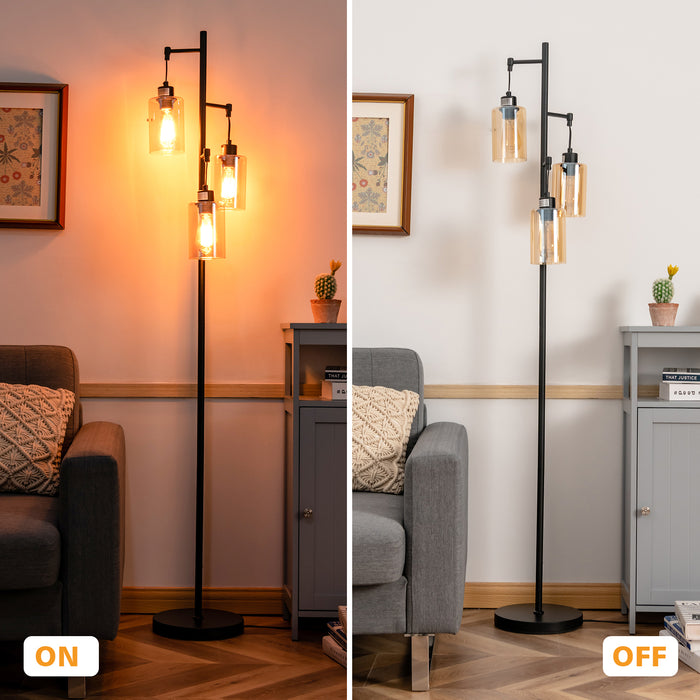 Floor Lamp with Tri-Head Feature - Freestanding Fixture with Hanging Amber Glass Shades - Ideal for Creating Warm, Inviting Atmosphere in Living Spaces