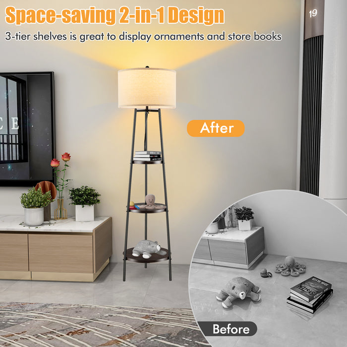 Linen Floor Lamp with Shelves - Chain Switch and Adaptable Lighting - Perfect for Home Decoration and Space Utilization