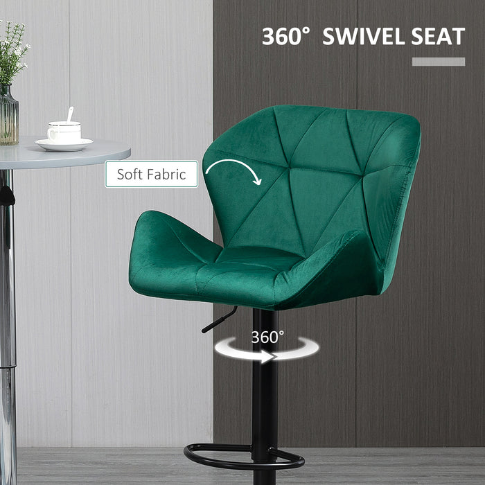 Luxurious Velvet Swivel Bar Stools - Pair of Adjustable Height Barstools with Metal Frame, Footrest, and Round Base - Ideal for Kitchen Island and Home Bar Comfort Seating in Green