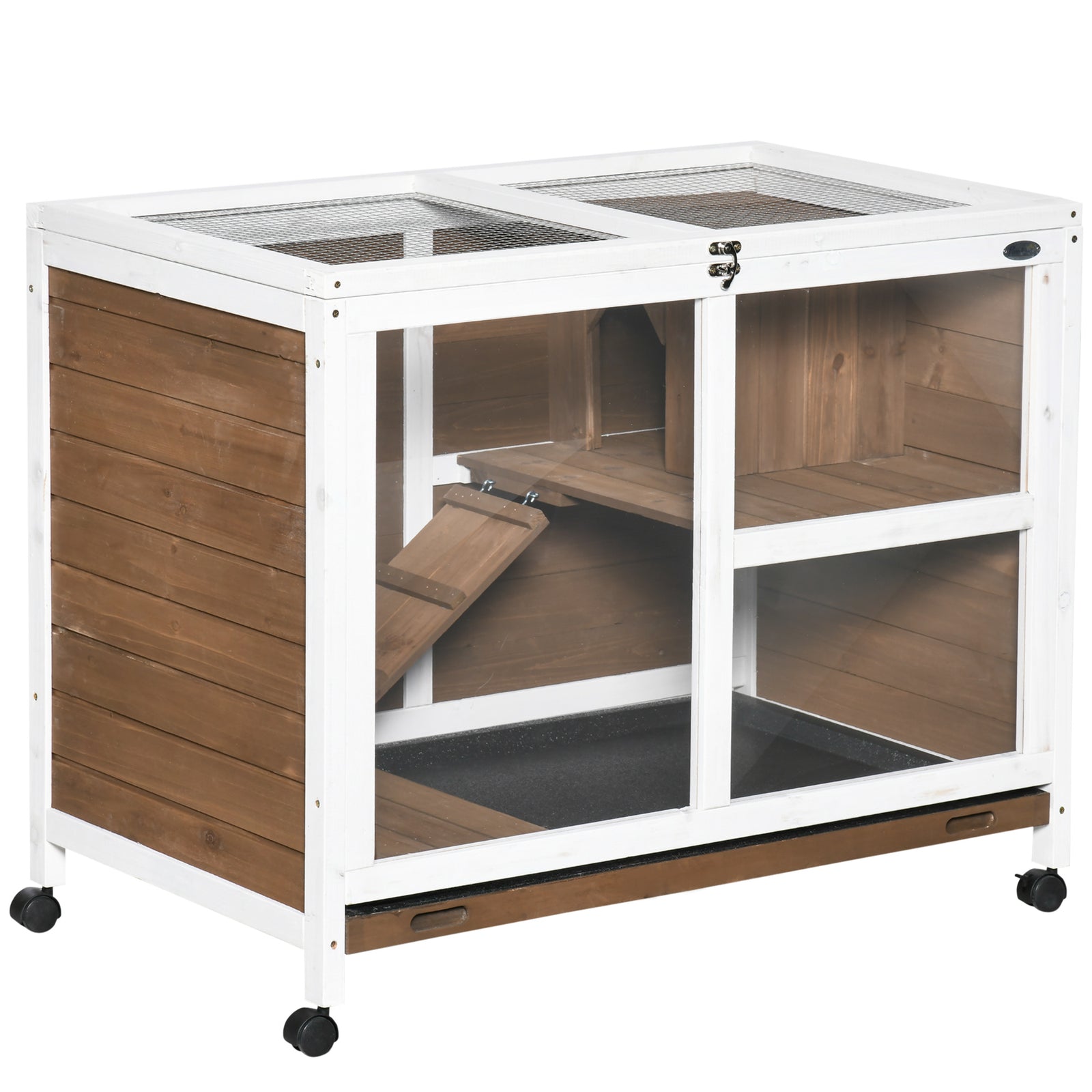 Premium Wooden Hutch for Rabbits & Guinea Pigs - Small Pet Cage with Pull-Out Tray & Openable Roof on Wheels, Brown - Ideal Home for Bunny and Cavy Comfort