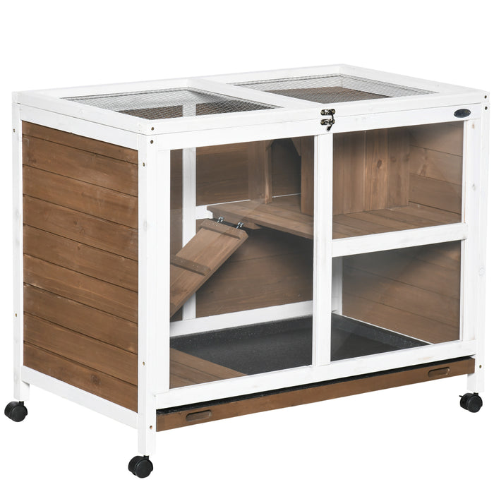 Premium Wooden Hutch for Rabbits & Guinea Pigs - Small Pet Cage with Pull-Out Tray & Openable Roof on Wheels, Brown - Ideal Home for Bunny and Cavy Comfort