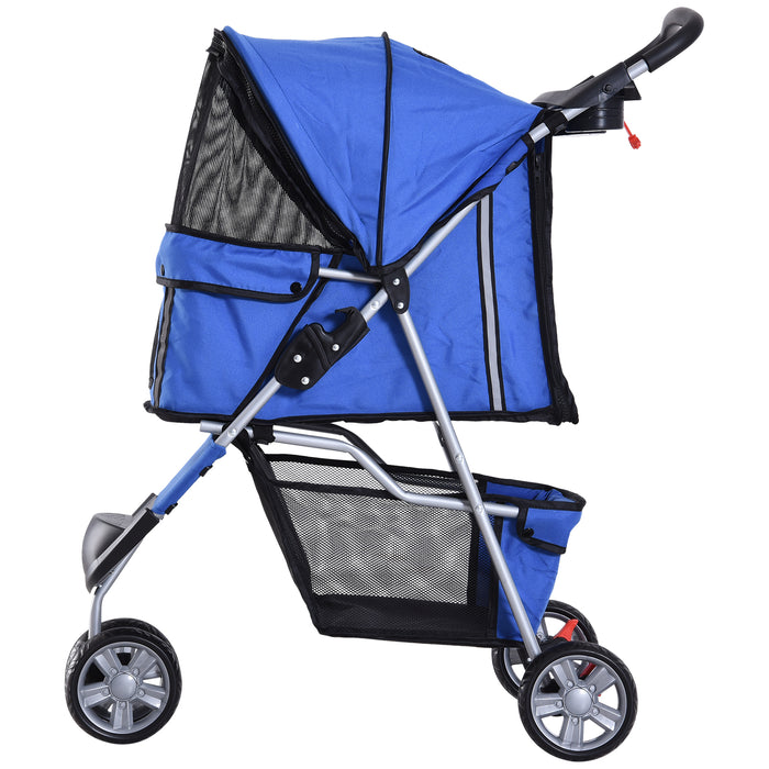 Three-Wheeled Dog Pram - Pet Travel Stroller with Pushchair Design in Blue - Ideal for Pets on the Go