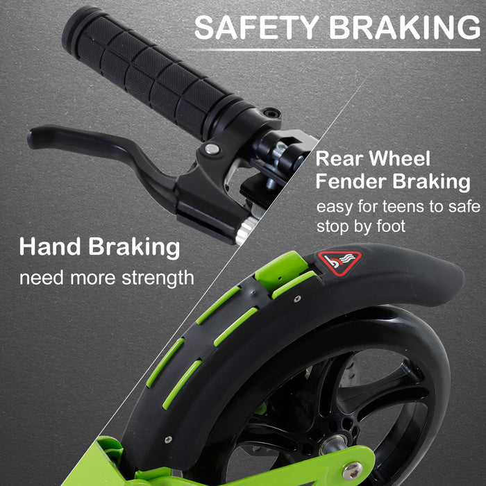 Adjustable & Foldable Teens Adult Scooter - Aluminum Kick Ride with Dual Brakes & Shock Mitigation, Green - Perfect Outdoor Fun for Ages 14+