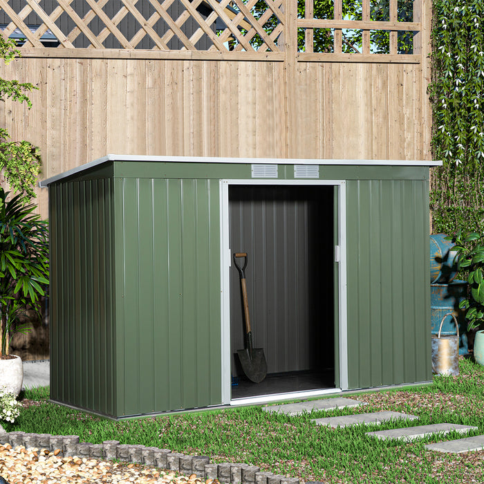 Pent Roof 9x4.5 ft Metal Storage Shed - Corrugated Steel Garden Tool Box with Foundation, Ventilation & Lockable Doors - Ideal for Outdoor Equipment & Tools, Light Green