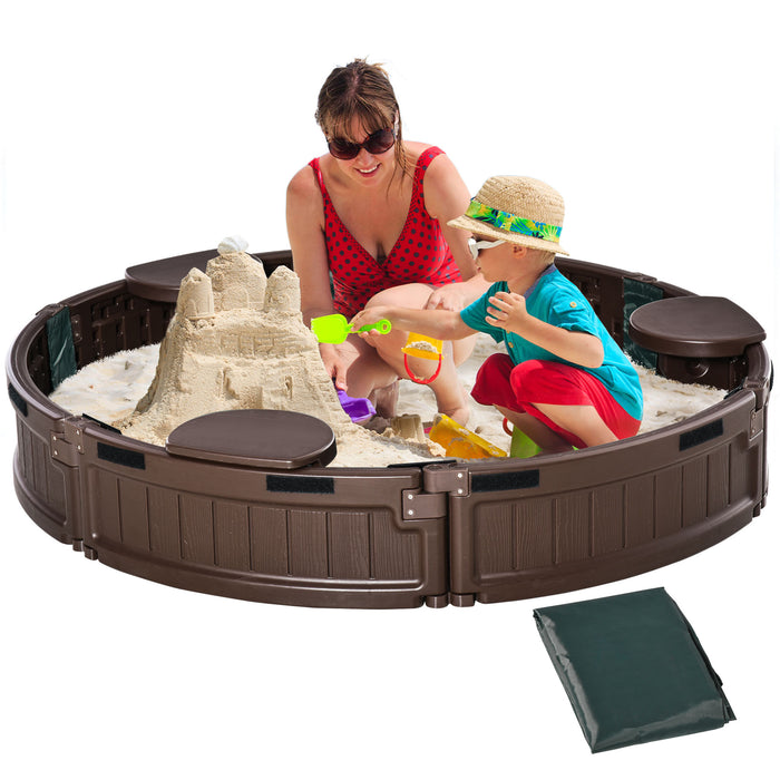 Round Sandbox for Kids with Waterproof Canopy - Includes Bottom Fabric Liner, Ideal for Ages 3-12 - Perfect Playset for Backyard Fun in Brown