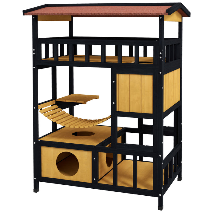 Four-Tier Wooden Outdoor Cat Shelter - Sturdy Feral Cat House with Suspension Bridge, Balcony, and Escape Doors - Perfect Haven for Outdoor or Stray Cats