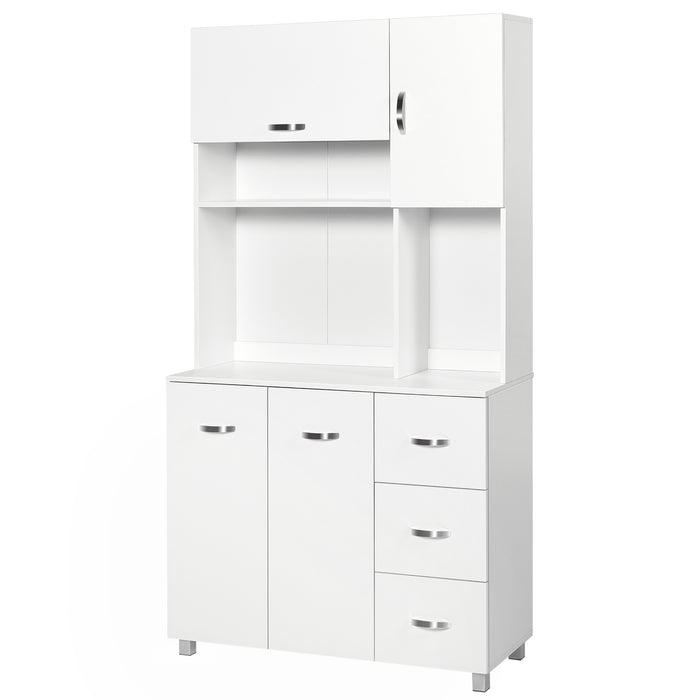 Kitchen Storage Organizer with Cupboards - Freestanding Unit with Open Shelves, Drawers, and Metal Handles - Ideal for Home Organization and Serving Station