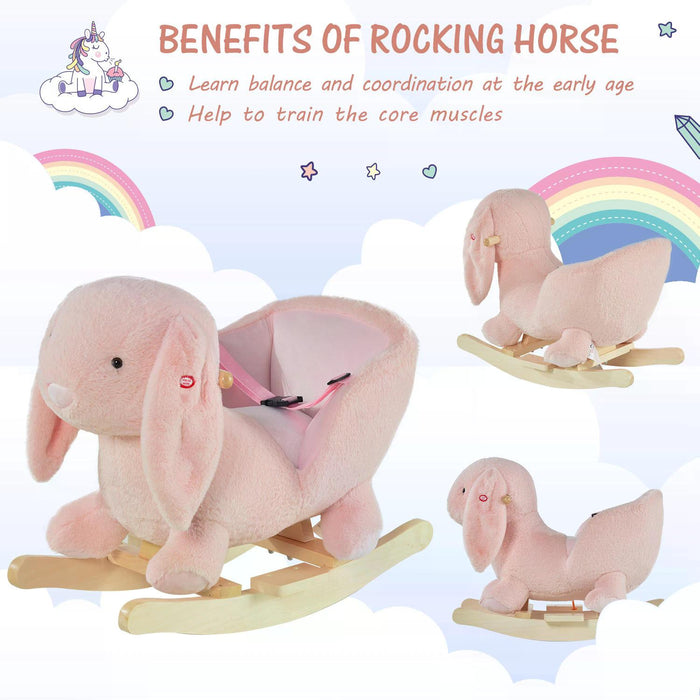 Plush Rabbit Rocker for Toddlers - Soft, Pink Rocking Ride-On Toy with Sound Effects - Ideal for Sensory Play and Balance Development