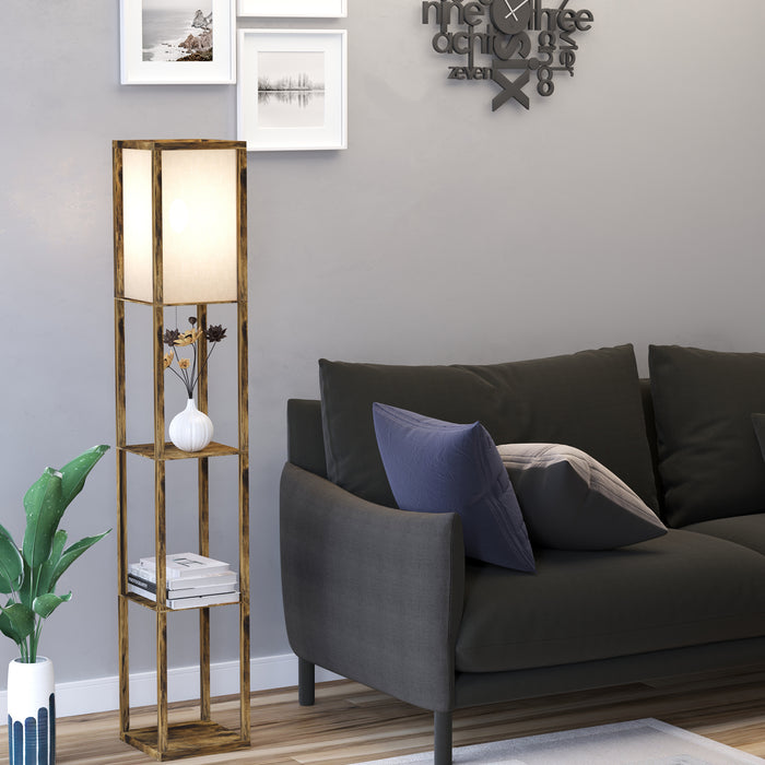 4-Tier Storage Shelf Floor Lamp - Rustic Brown Standing Light with Reading Lamp - Ideal for Living Room, Bedroom, Office Illumination & Organization