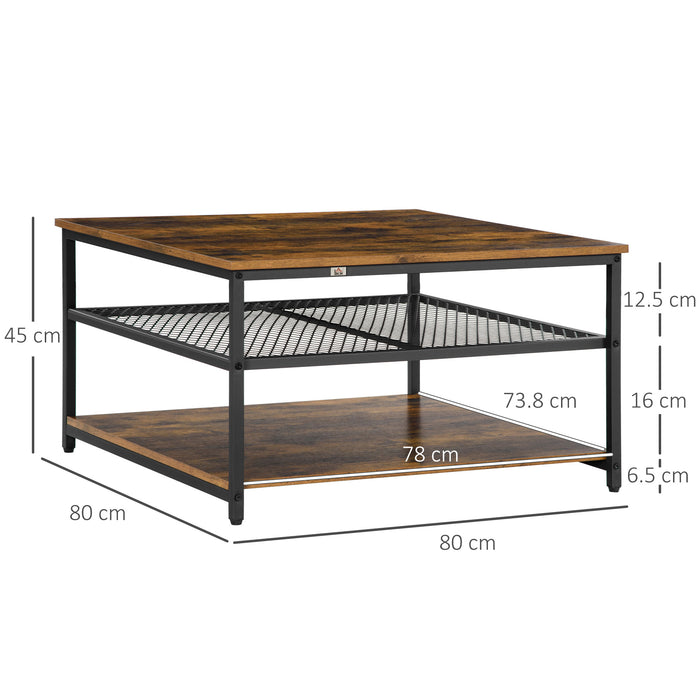 Industrial Square Coffee Table - 3-Tier Storage Cocktail Table, Rustic Brown - Stylish Living Room Organization and Decor