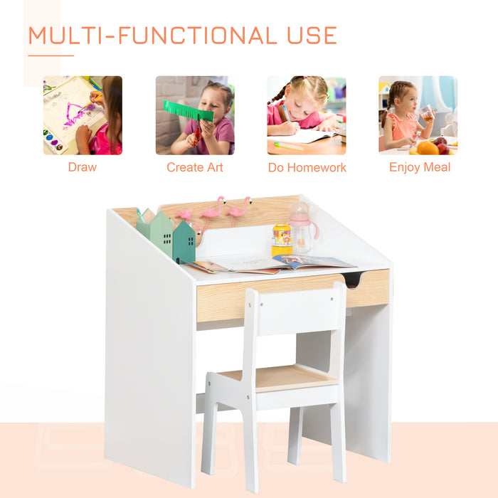 Kids Study Space - Ergonomic 2-Piece Desk and Chair Combo with Storage and Bookshelf - Ideal for Reading, Writing, and Drawing Activities, Ages 3-6