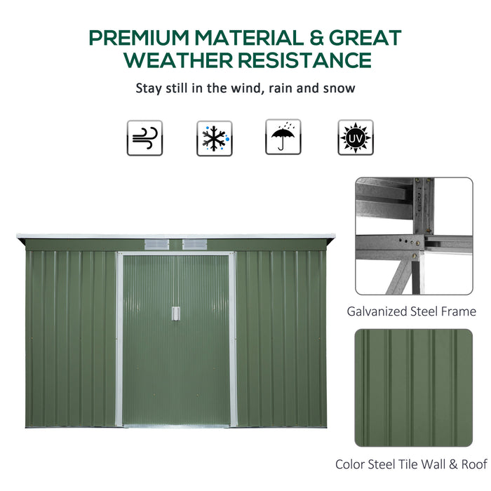 Pent Roof 9x4.5 ft Metal Storage Shed - Corrugated Steel Garden Tool Box with Foundation, Ventilation & Lockable Doors - Ideal for Outdoor Equipment & Tools, Light Green