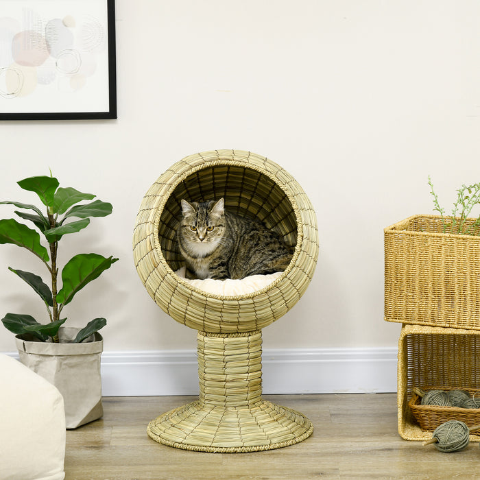 Natural Mat Grass Cat House with Cushion - Round Detachable Top Kitten Cave, Elevated Stand Design, Yellow - Ideal Cozy Retreat for Cats & Small Pets, Φ41 x 71.5 cm