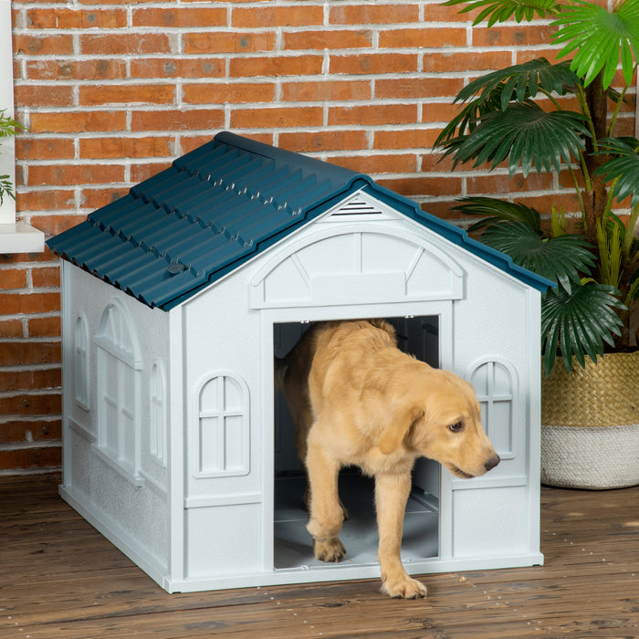 Weatherproof Plastic Canine Shelter - Durable Blue Dog House for Outdoor Use - Ideal for Protecting Pets from the Elements