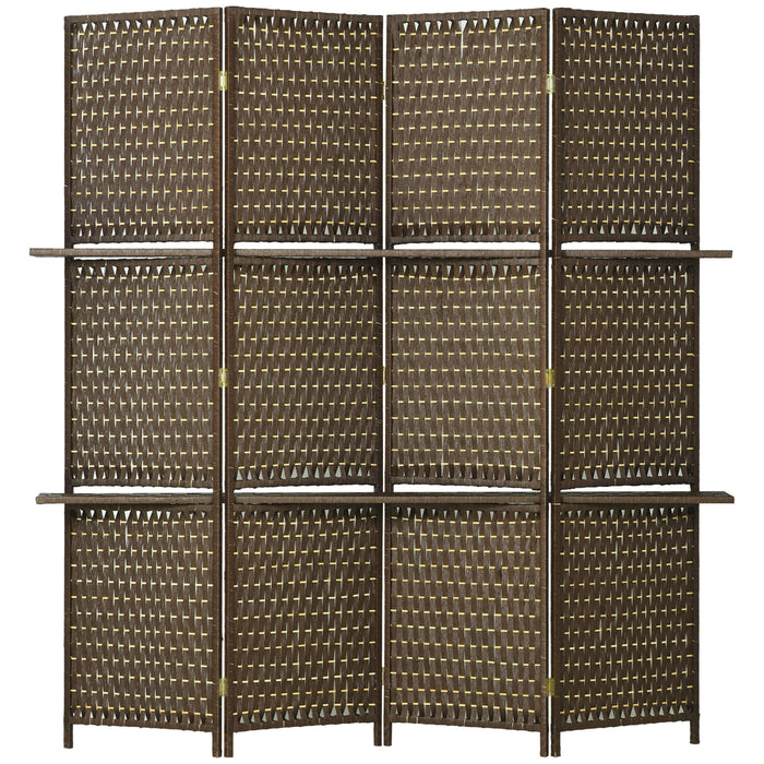 Wave Fibre 4-Panel Room Divider with Shelves - Freestanding Folding Privacy Screen for Indoor Spaces - Bedroom Partition Wall and Storage Solution, Brown