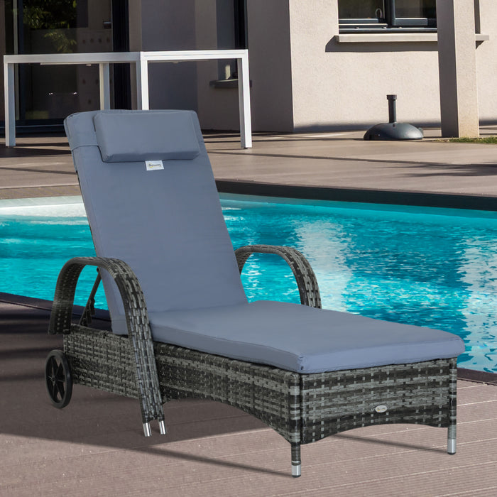 Rattan Garden Sun Lounger - Adjustable Reclining Outdoor Patio Bed with Wicker Weave & Headrest, Grey - Ideal for Relaxing in Your Backyard