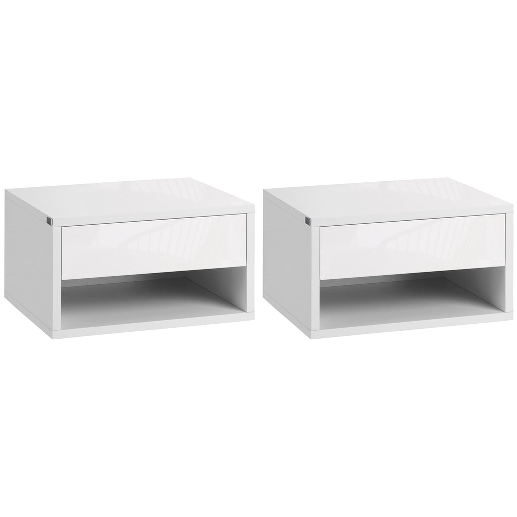 Wall-Mounted High Gloss White Nightstand Set with Drawer & Shelf - Contemporary 2-Piece Bedside Table for Bedrooms - Space-Saving Furniture for Home Organization & Decor