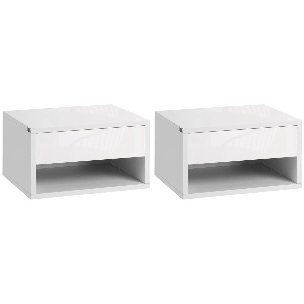 Wall-Mounted High Gloss White Nightstand Set with Drawer & Shelf - Contemporary 2-Piece Bedside Table for Bedrooms - Space-Saving Furniture for Home Organization & Decor