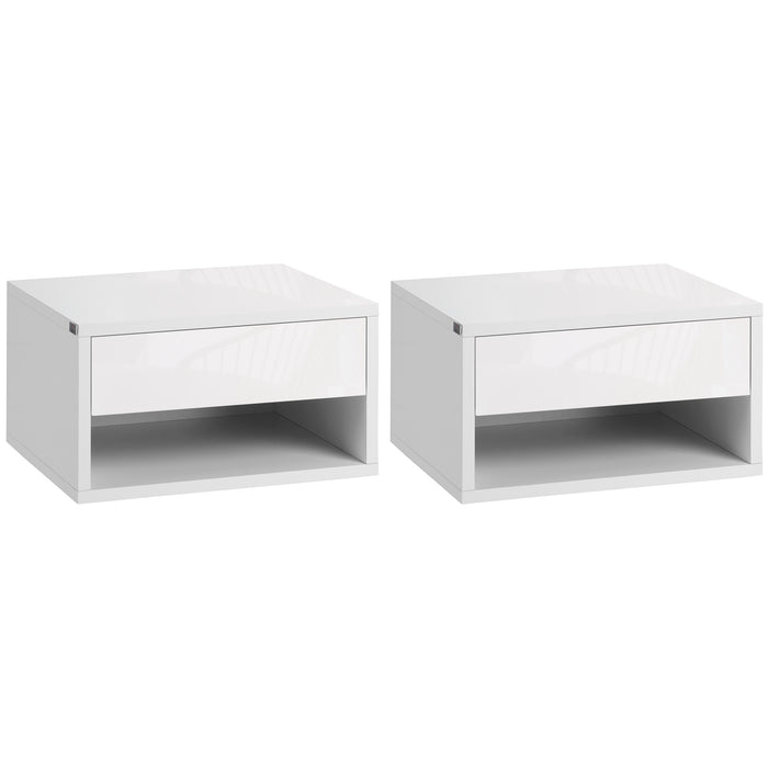 Wall-Mounted High Gloss White Nightstand Set with Drawer & Shelf - Contemporary 2-Piece Bedside Table for Bedrooms - Space-Saving Furniture for Home Organization & Decor