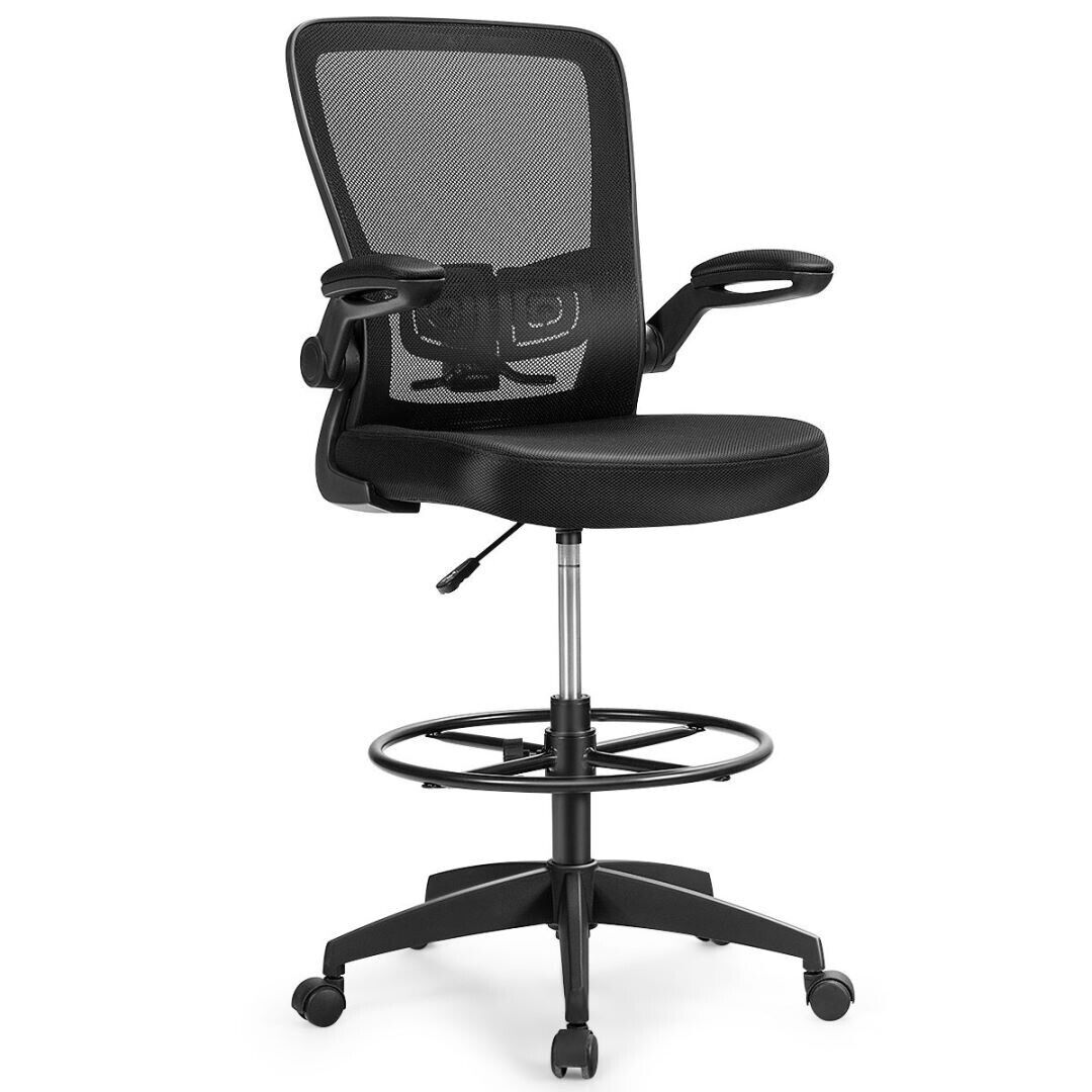 High Back Mesh Office Chair - Flip-up Armrests and Footrest Ring Features - Ideal for Office Workers Seeking Comfort and Support