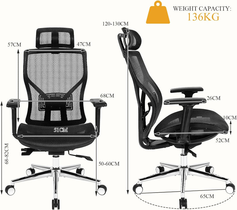 Mesh Ergonomics - Adjustable Office Chair with Sliding Seat and Lumbar Support - Ideal for Long Hours of Sitting at Work