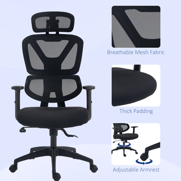 Ergonomic Mesh Office Chair - Height Adjustable with Lumbar Support, Swivel Wheels & Adjustable Headrest - Comfortable Seating for Desk Work, Black