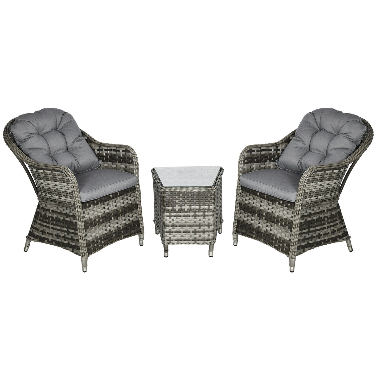3-Piece Rattan Bistro Set - Modern Patio & Balcony Furniture with Aluminium Frame, Soft Cushions, Glass Top Table - Ideal for Garden and Backyard Lounging (Grey)