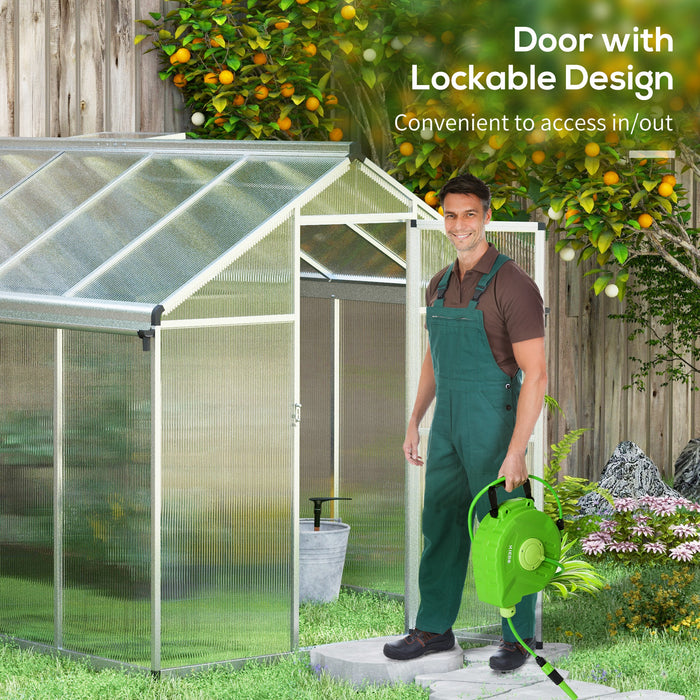 Polycarbonate Walk-In Greenhouse 6x10ft - Sturdy Aluminium Frame, Integrated Rain Gutters, Ample Ventilation with Window - Ideal for Garden Plant Cultivation