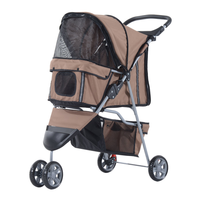 Pet Travel Stroller with Three Wheels - Convenient Dog Pushchair in Coffee Color - Ideal for Pet Transportation and Comfort on the Go