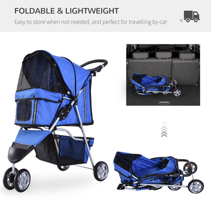 Three-Wheeled Dog Pram - Pet Travel Stroller with Pushchair Design in Blue - Ideal for Pets on the Go
