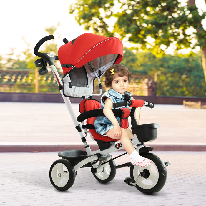 4-in-1 Convertible Child's Tricycle with Stroller Capabilities and Sun Canopy - Red - Perfect for Outdoor Family Adventures and Growing Toddlers