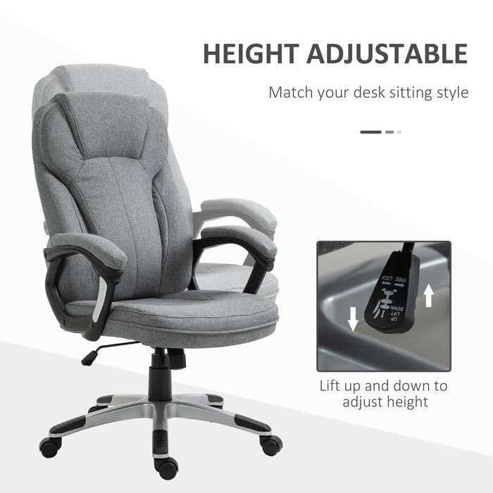 Height Adjustable Grey Linen Fabric Swivel Chair - Ergonomic Home Office Computer Chair with Padded Armrests and Tilt Function - Comfortable Seating for Work and Study