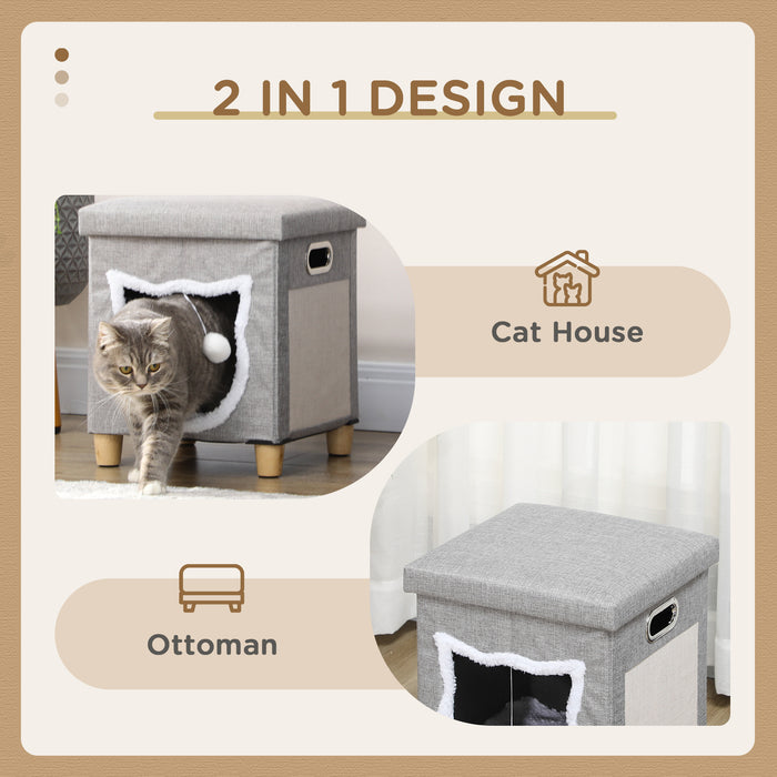 Comfortable 2-in-1 Cat Bed Ottoman - Pet-Friendly Sleeping Cave with Cushion, Scratching Surface, & Handles - Anti-Slip Base with Toy Ball for Cats