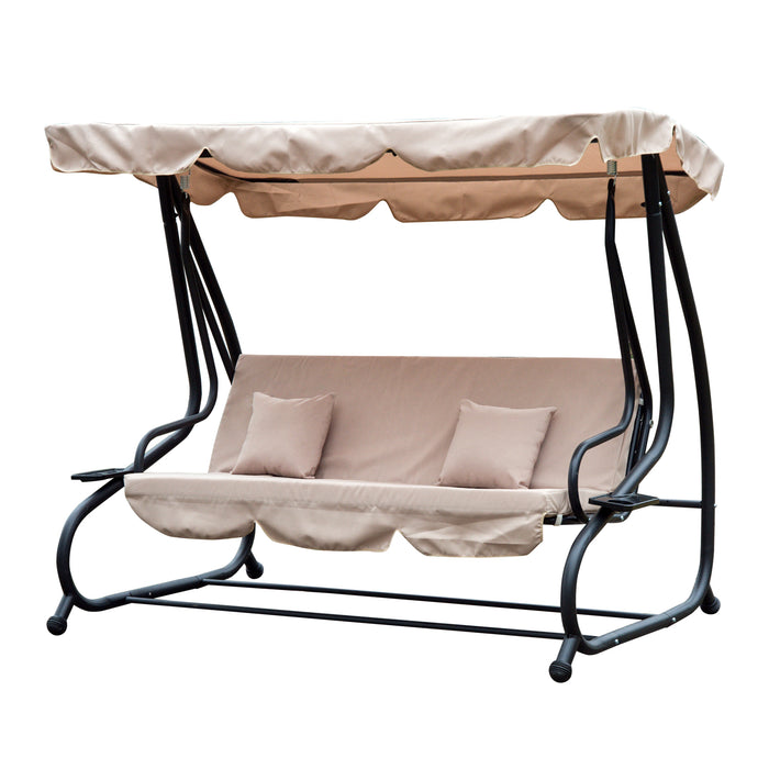 3-Seater Garden Swing Seat with 2-in-1 Hammock Bed Feature - Adjustable Canopy and Cushioned Patio Chair in Light Brown - Ideal for Outdoor Relaxation and Comfort