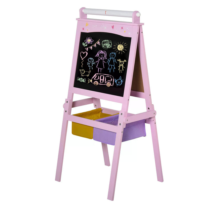 3-in-1 Kids Wooden Art Easel with Paper Roll - Double-Sided Chalkboard & Whiteboard, Storage Baskets - Creative Learning Tool for Toddler Girls 3 Years+ in Pink