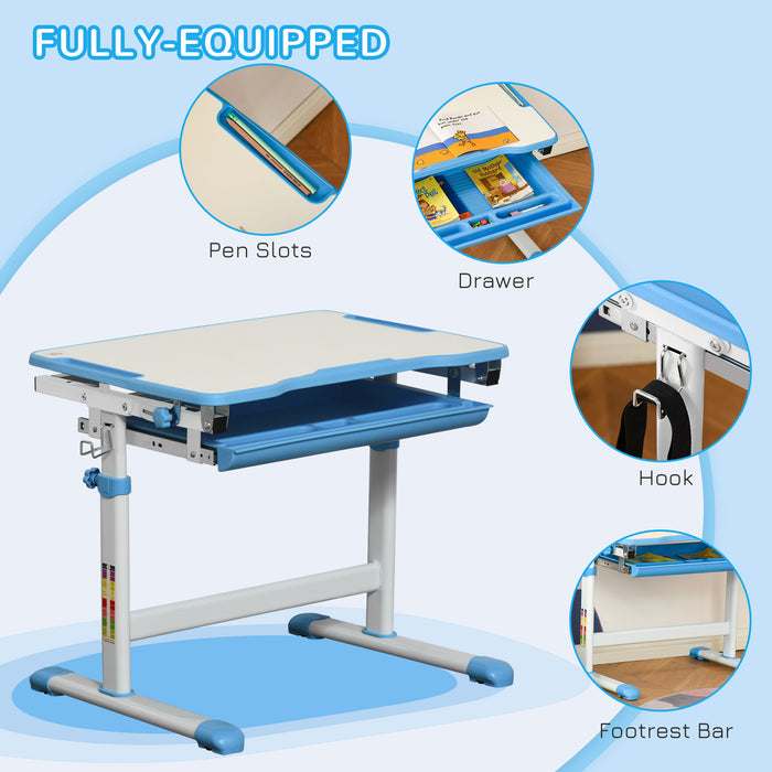 Adjustable Kids Desk and Chair Combo - Ergonomic Student Writing and Study Workstation with Tilt Desktop, Storage Drawer, Pen Holder, Hook - Perfect for Home Schooling and Homework Sessions