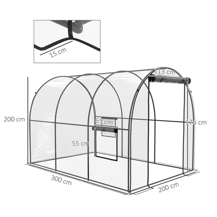 Walk-In Polytunnel Greenhouse - Durable Steel Frame & Clear Plastic Cover with Door and Mesh Window - Spacious 3x2x2m Grow House for Garden Planting