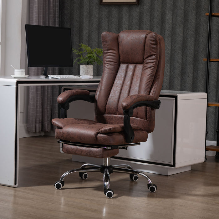 Ergonomic Microfibre Reclining Office Chair with Armrests - Swivel Desk Chair with Wheels and Footrest in Brown - Comfortable Home Office Seating Solution