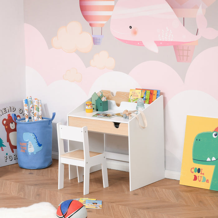 Kids Study Space - Ergonomic 2-Piece Desk and Chair Combo with Storage and Bookshelf - Ideal for Reading, Writing, and Drawing Activities, Ages 3-6