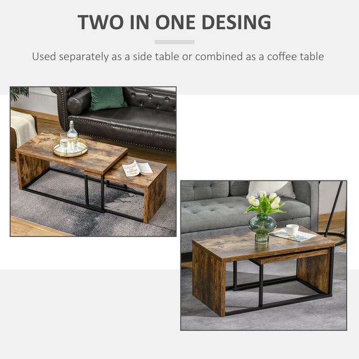 Industrial Style Coffee & Tea Table Set - 2-Piece Side Tables with Metal Frame for Home Decor - Perfect for Living Room and Bedroom, Black & Brown