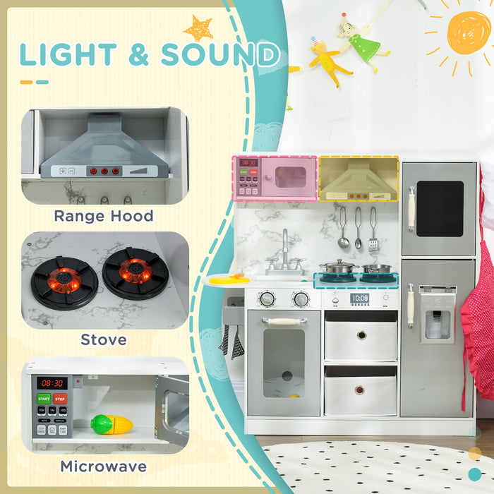 Kids Play Kitchen with Interactive Features - Includes Lights, Sounds, Ice Maker, and Microwave - Comes with Apron and Chef Hat for Ages 3-6, White