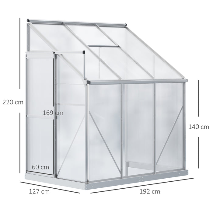 Heavy Duty Aluminium Walk-In Lean-to Greenhouse - Wall-Attached Garden Structure with Polycarbonate Panels and Roof Vent - Ideal for Plant Cultivation, 192x127x220cm