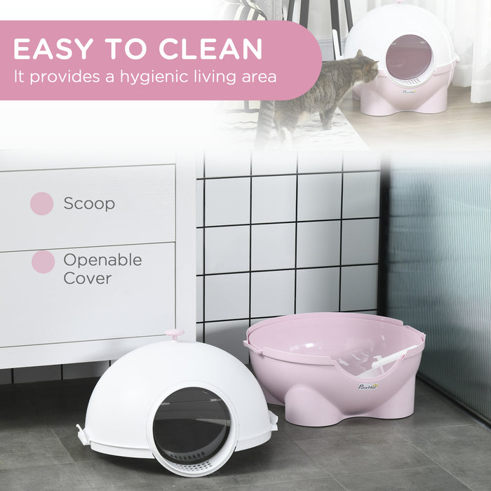 Extra-Large Hooded Cat Litter Box with Scoop - Easy-Carry Top Handle, Front Entry Design, 53x51x48 cm - Perfect for Multiple Cats or Large Breeds in Pink