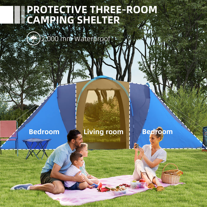 Tunnel Camping Tent with Dual Bedrooms and Central Living Space - 2000mm Waterproof and Portable Shelter for 4-6 People - Ideal for Family Camping and Outdoor Adventures